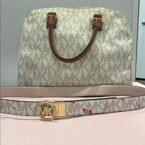 Michael Kors Cream Logo Satchel with Brown Handles and Floral Belt